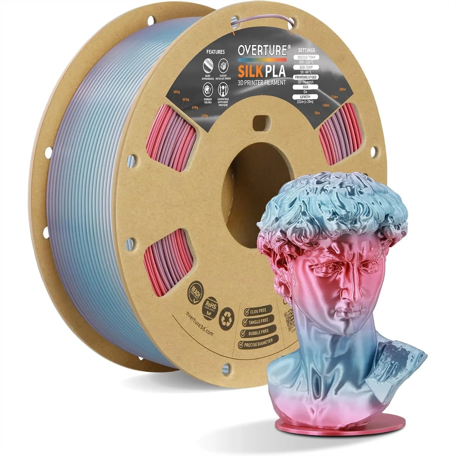 Filamento PLA Seta Arcobaleno 1.75mm, Finitura Lucida Bicolore per Stampa 3D, Liscio e Brillante, Bobina da 1kg