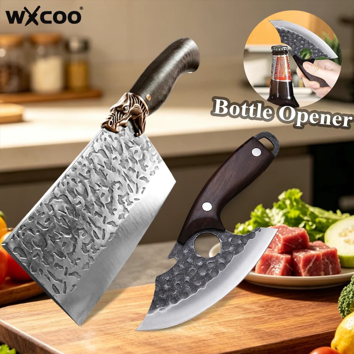 WXCOO Hand Forged Butcher Knife Thickened Blade Bone Cutting and Meat Fruit Slicing Kitchen Knife for Household Cooking Use