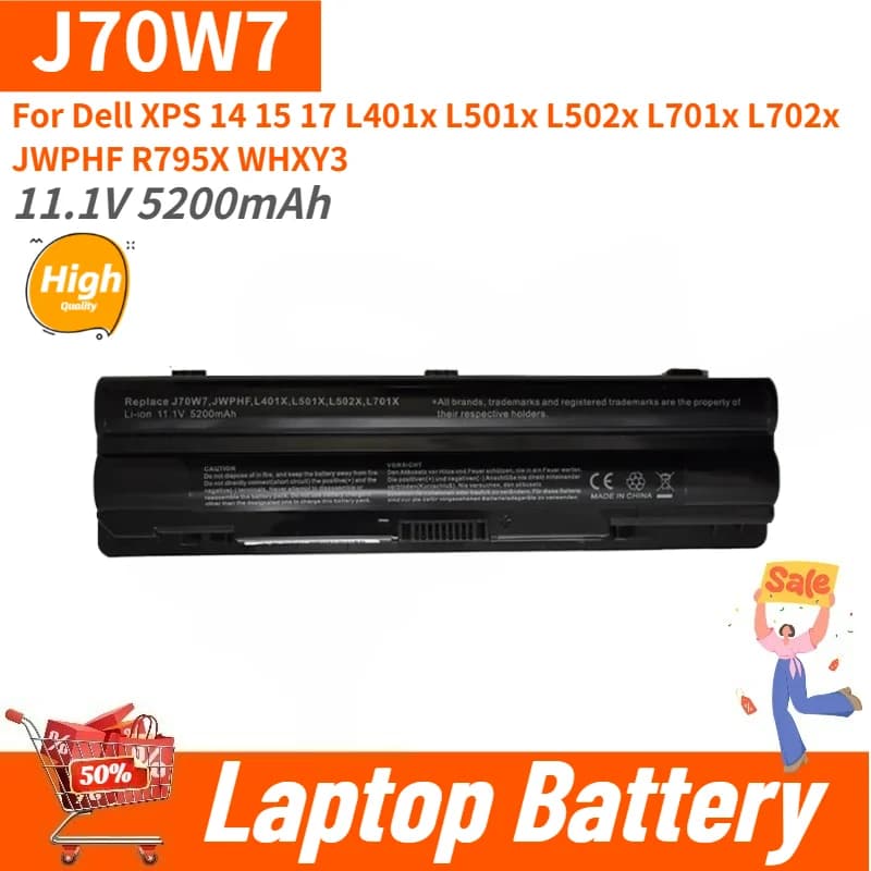J70W7 JWPHF R795X WHXY3 Laptop Battery 11.1V 5200mAh for Dell XPS 14 15 17 L401x L501x L502x L701x L702x 312-1123 312-1127