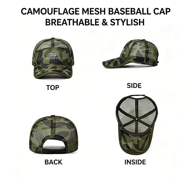 Camouflage Mesh Baseball Cap Adjustable Breathable Sun Hat for Men Women Outdoor Sports