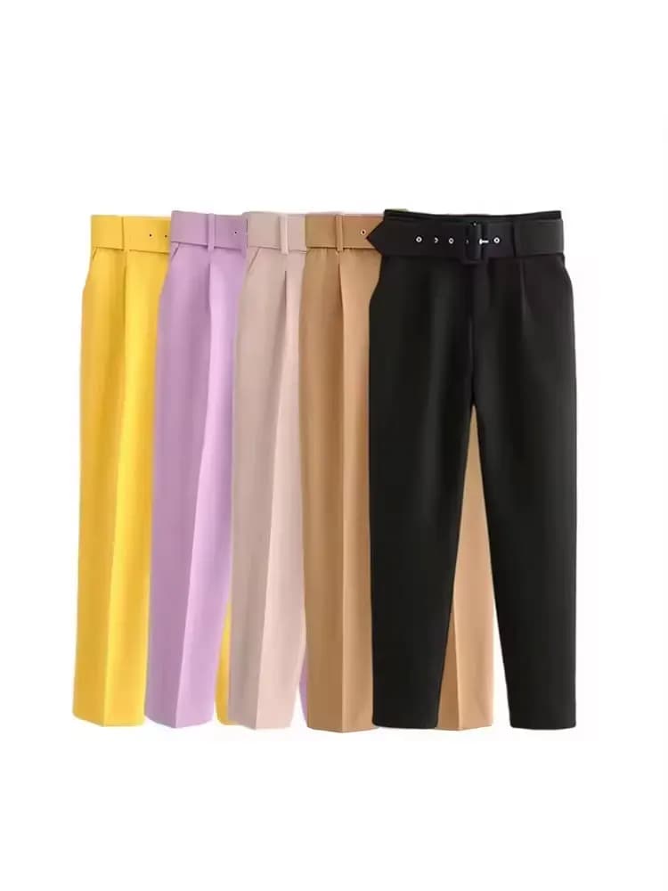 Pantaloni da donna alla caviglia con cerniera a vita alta con cintura, pantaloni da ufficio, tasche laterali, moda femminile