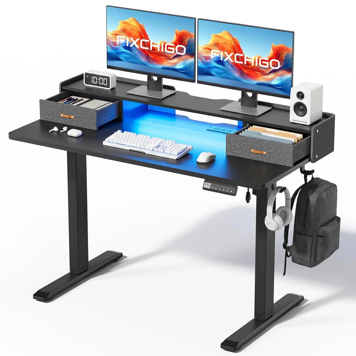 55in Height Adjustable Standing Desk with Drawers Power Outlets LED Lights Monitor Stand Home Office, Customized