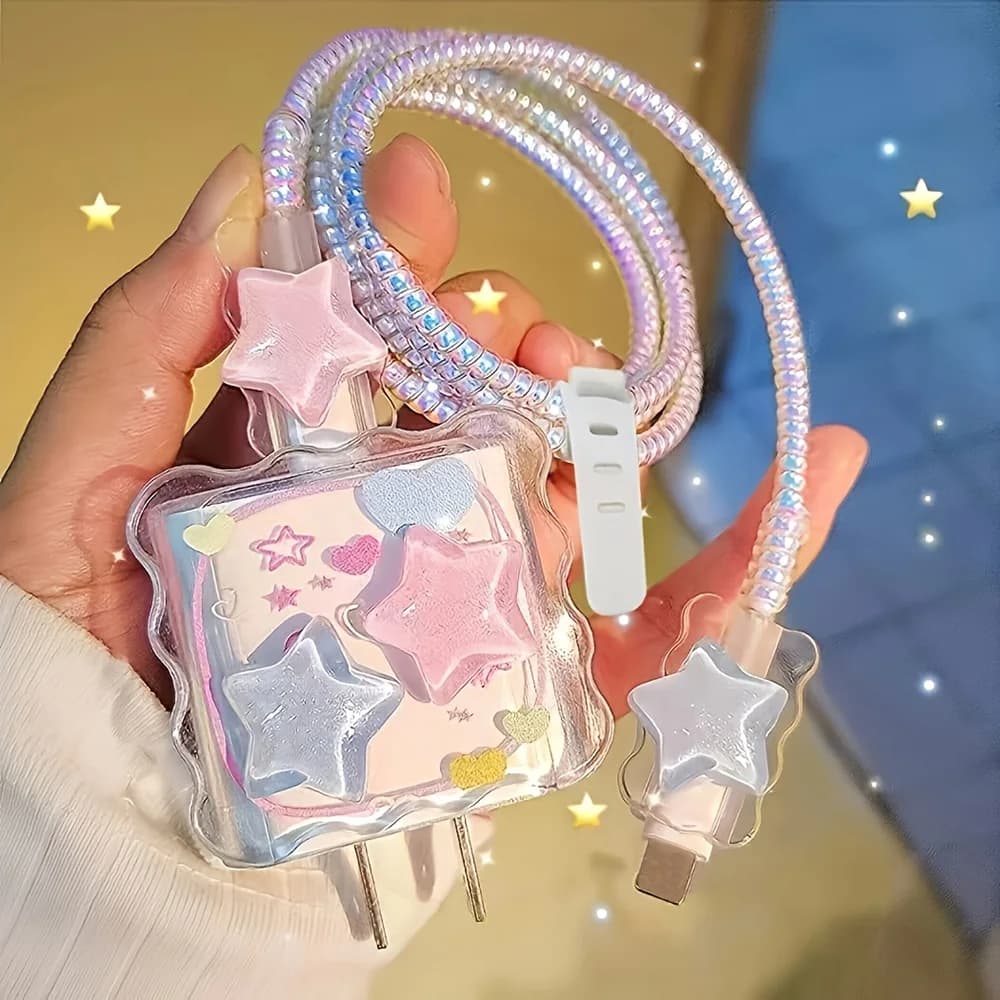 5pcs/Set Blue Pink 3D Star Wave Shell For iPhone 20W 18W Charger Protective Case Cable Organizer Charging Head Protector Cover