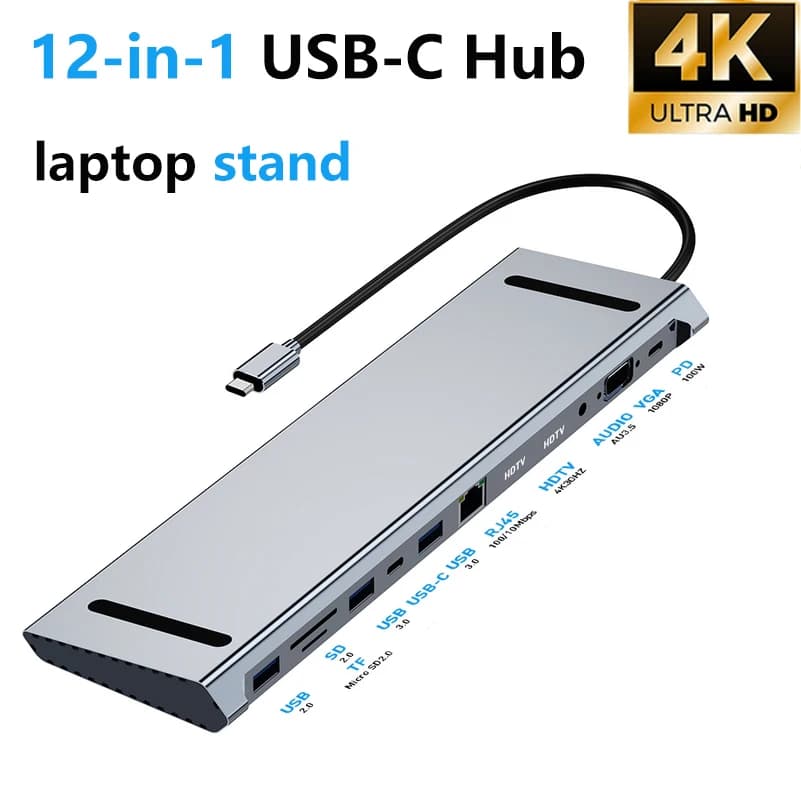 Hub USB C 12-in-1 con Supporto, Doppia Uscita HDTV 4K30Hz, VGA, 100Mbps, Audio, PD 100W, 2 USB 3.0 5Gbps, USB 2.0, SD/TF per Laptop