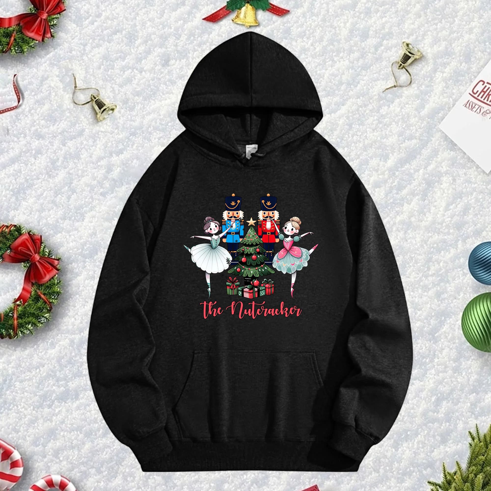 NATALE 270G Black hoodie for men and women, comfortable oversize fleece pullover for fall/winter Christmas