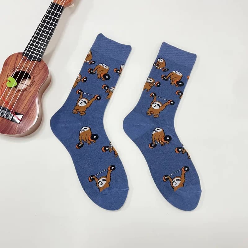 Cartoon Cute Sloth Bodybuilding Weightlifting Fashionable Comfortable Men Mid-Calf Socks For All Seasons Wearing Unisex