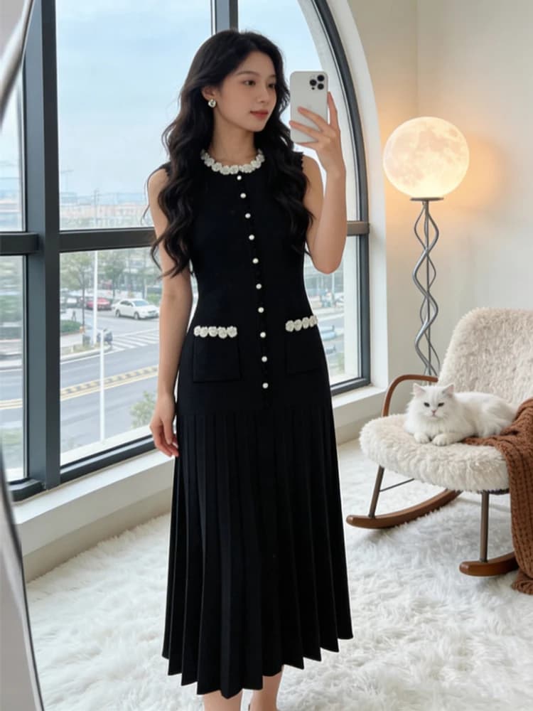 Black Knit Midi Dress Summer Women O-Neck Sleeveless Pearl Decor Pleated A-Line Dresses Elegant Office Party Daily Casual Robe