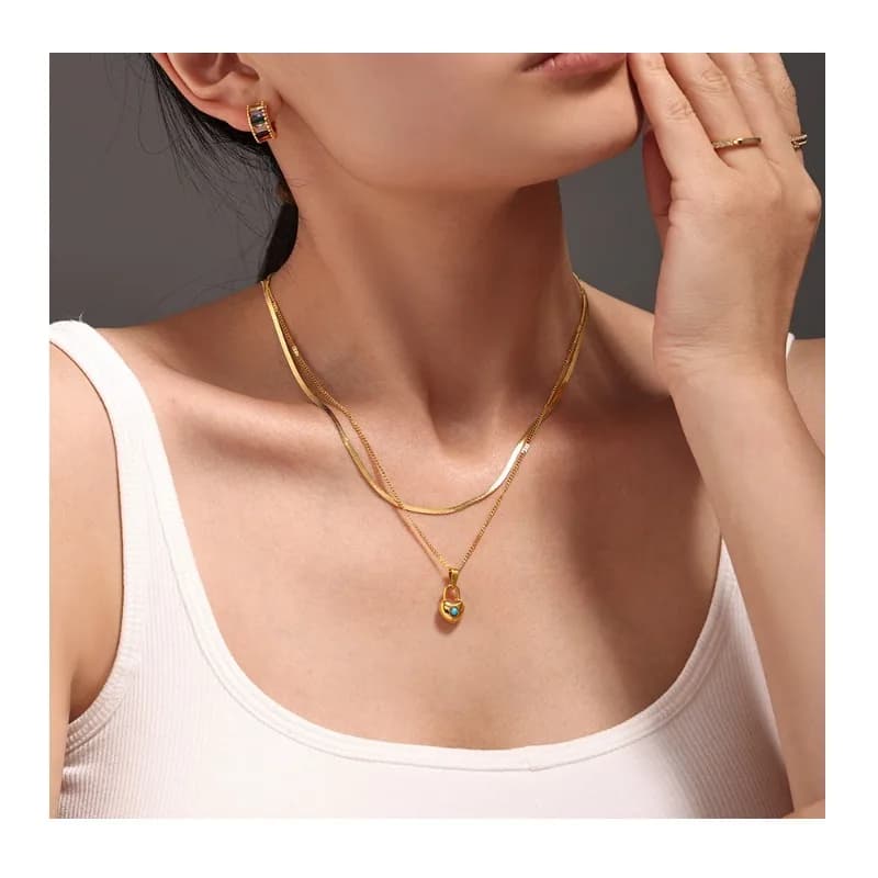 Mystery Simple Turquoise Love Lock Small Pendant Collarbone Stacked Necklace Stainless Steel Gold-plated Neck Chain Spot