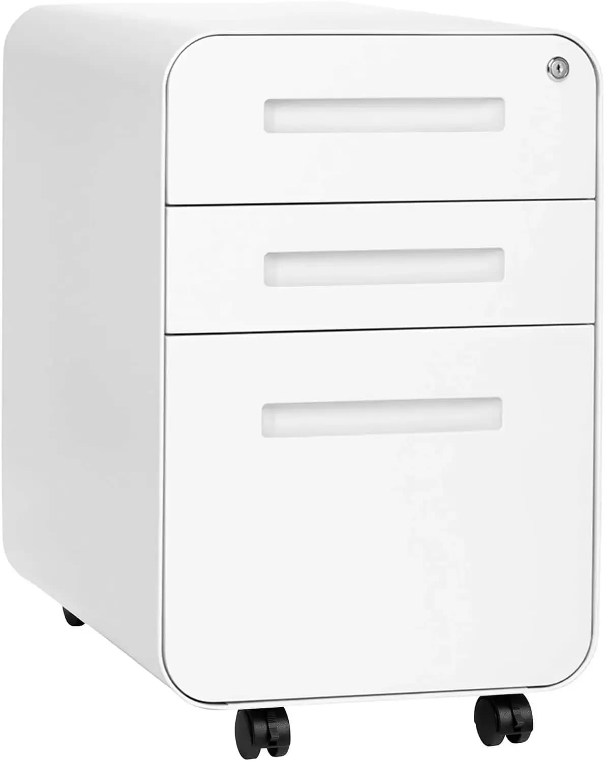 Stockpile 3 Drawer File Cabinet with Lock - Under Office Desk Metal Filing Cabinet, Legal/Letter File Folders, Wheels
