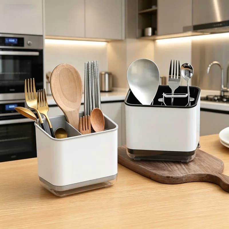1 pz. Scolapiatti a doppio strato per posate, porta bacchette rimovibile con supporto per cucchiaio e forchetta, organizer per utensili da cucina
