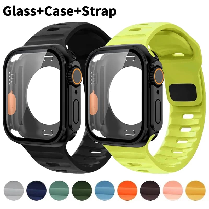 Cinturino in silicone + custodia in vetro per cinturino Apple Watch 46mm 40 41 44 45 Protezione schermo Cambia in Ultra Frame per iWatch 10 9 8 7 6 SE