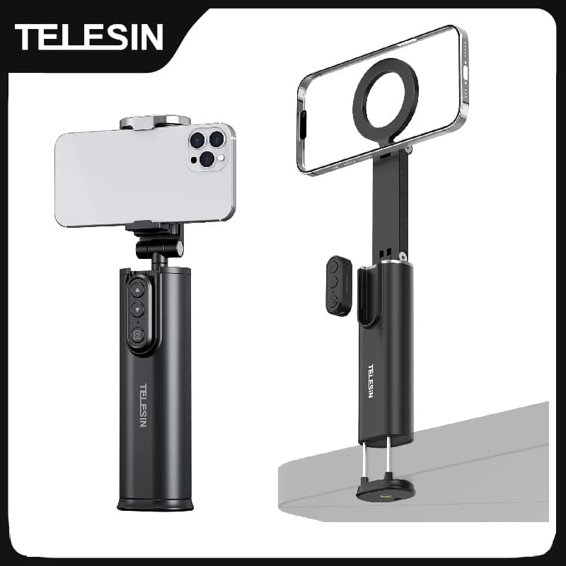 TELESIN Asta per selfie 3 in 1 con supporto per telefono, telecomando wireless, morsetto da viaggio magnetico a 360° ° Supporto Girevole per Smartphone