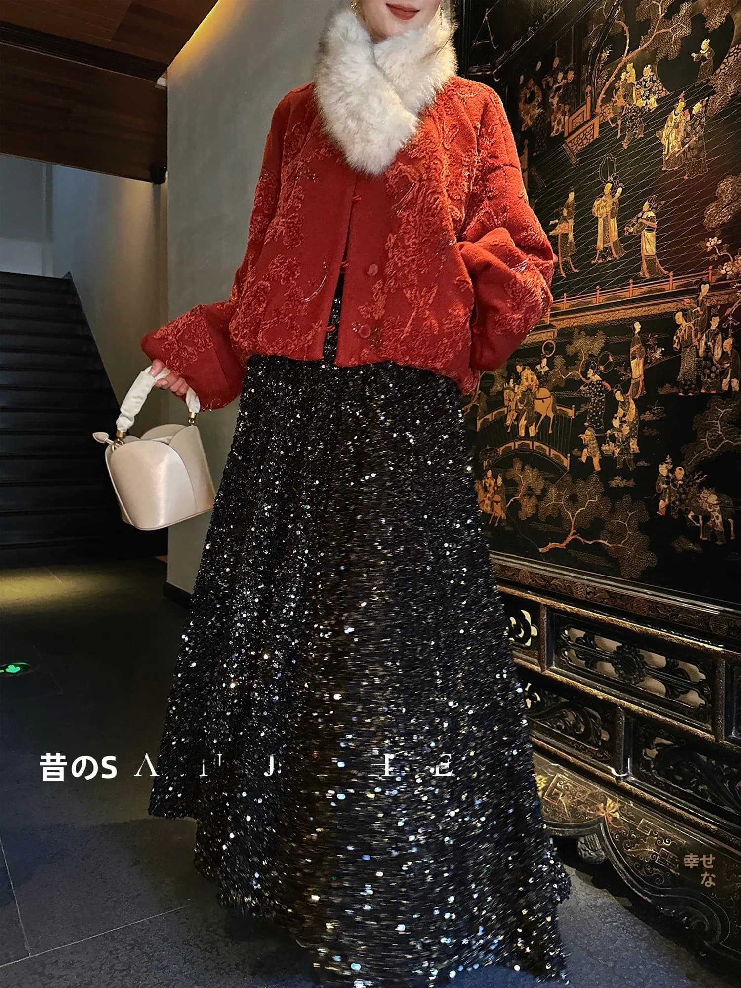 Gonna Anji Bla con Fiori e Paillettes Dorate, Tridimensionale a Doppio Strato, Elegante Gonna Invernale da Donna