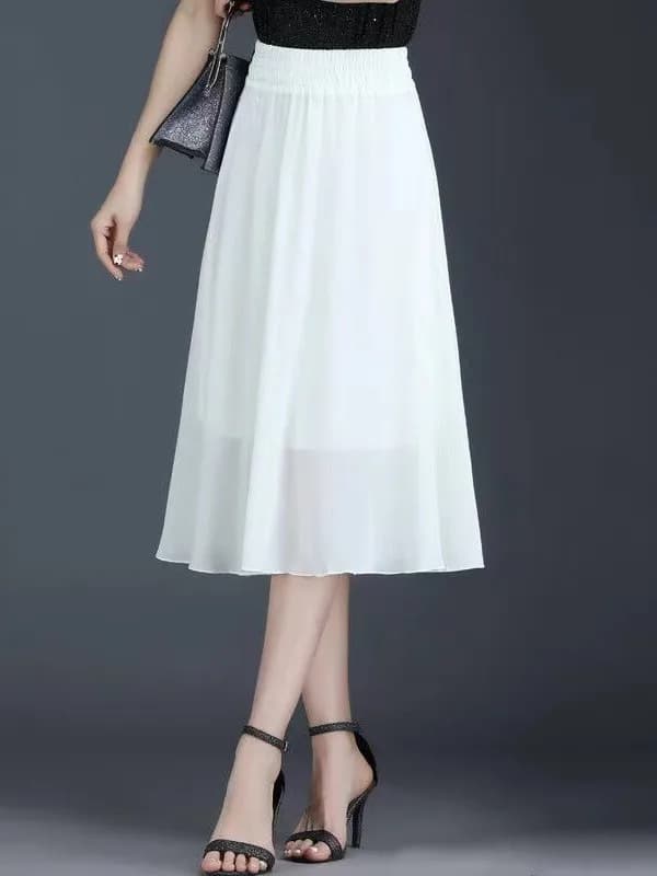 Gonna Midi Bianca in Chiffon a Vita Alta da Donna, Modello Svasato, Effetto Modellante e Drappeggiato, Versatile, alla Moda, per l'Estate