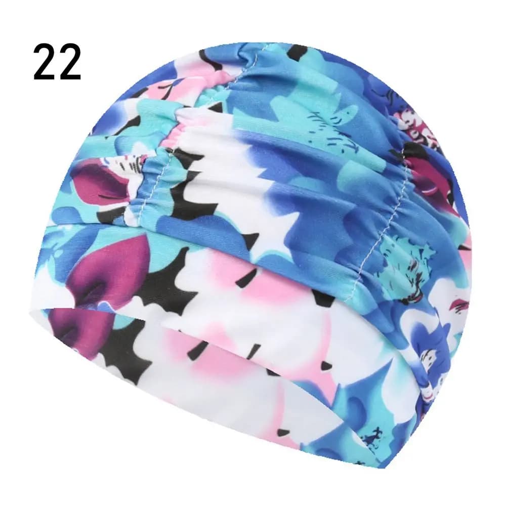 Swimming Head with Floral Print and Folded Earrings, Swimming Sports Accessories, Nylon Elastics, Long Hair Protection