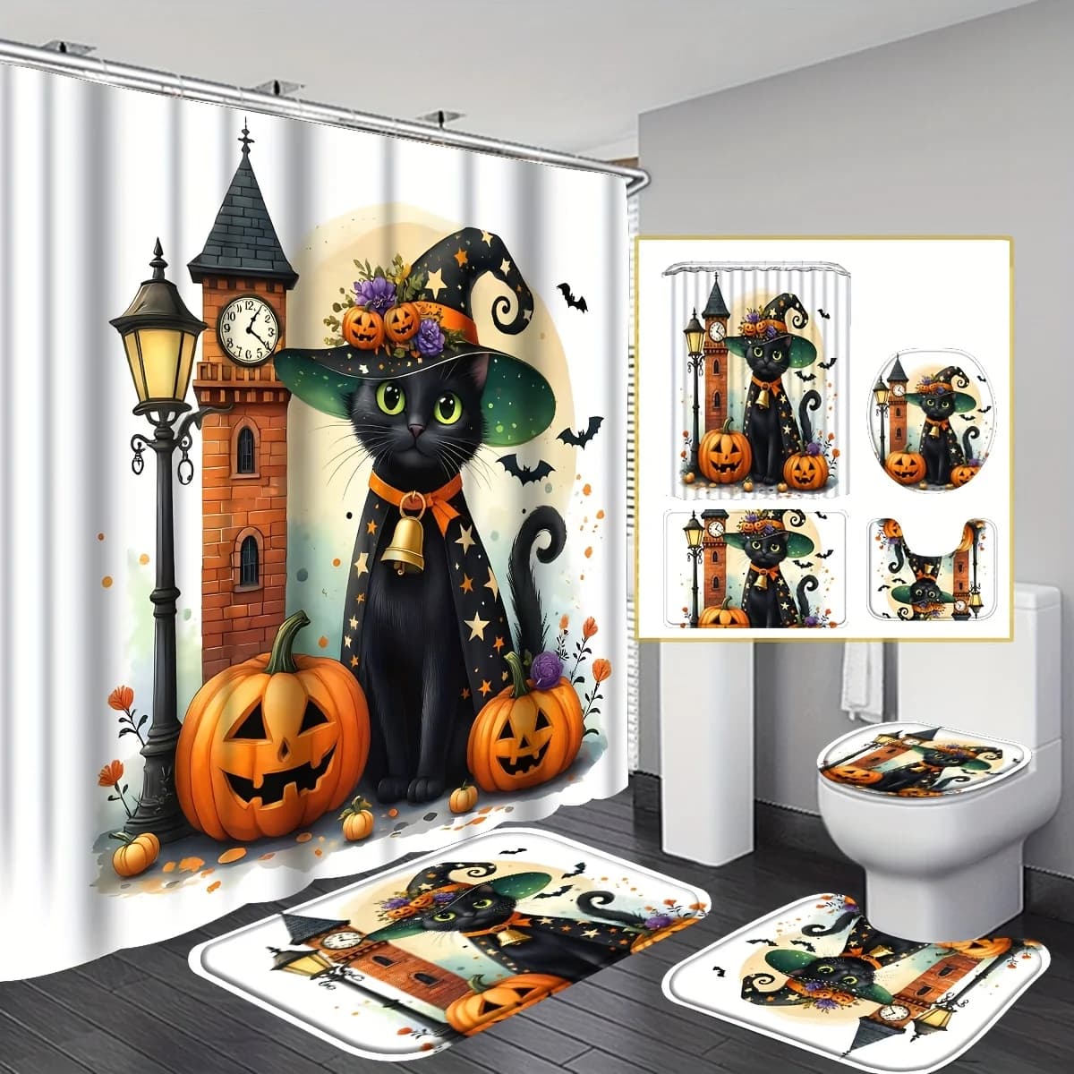 4pcs Halloween Black Cat Pumpkin Castle Shower Curtain Set with Non-Slip Mats & Toilet Cover, Horror Theme Bathroom Decor