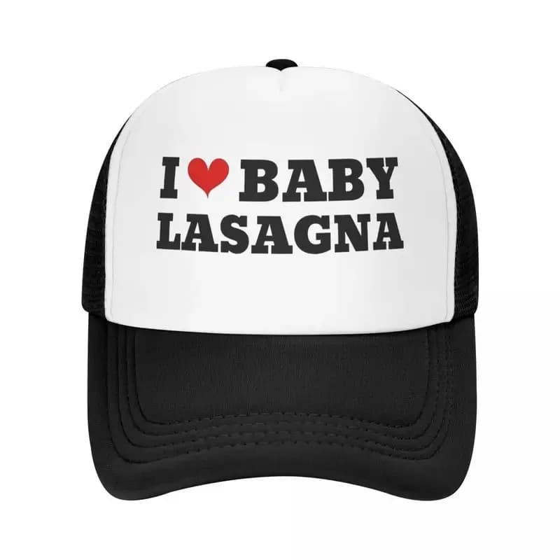 I Love Young People's Lasagna Trucker Hat - Adjustable Snapback Cap with Humorous Lasagna, Breathable Mesh