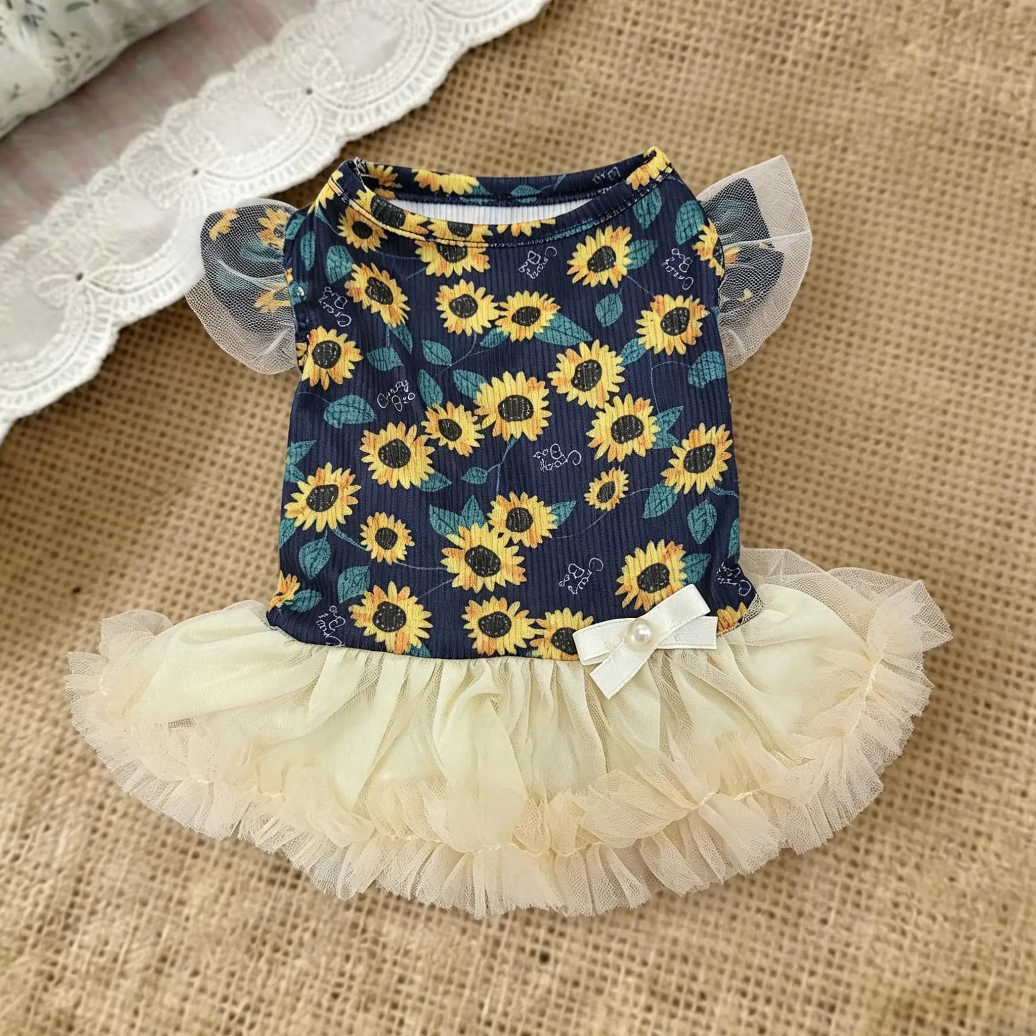 Sunflower Print Pet Dress Mesh Flutter Sleeve Cream Tulle Skirt Pearl Bow Decor Summer Outfit Daily Walk Pet Photo Gift