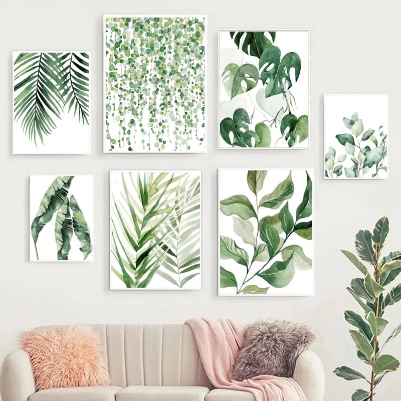 Set di pittura diamantata in stile nordico moderno, verde primaverile, con foglie di palma, decorazione per la casa