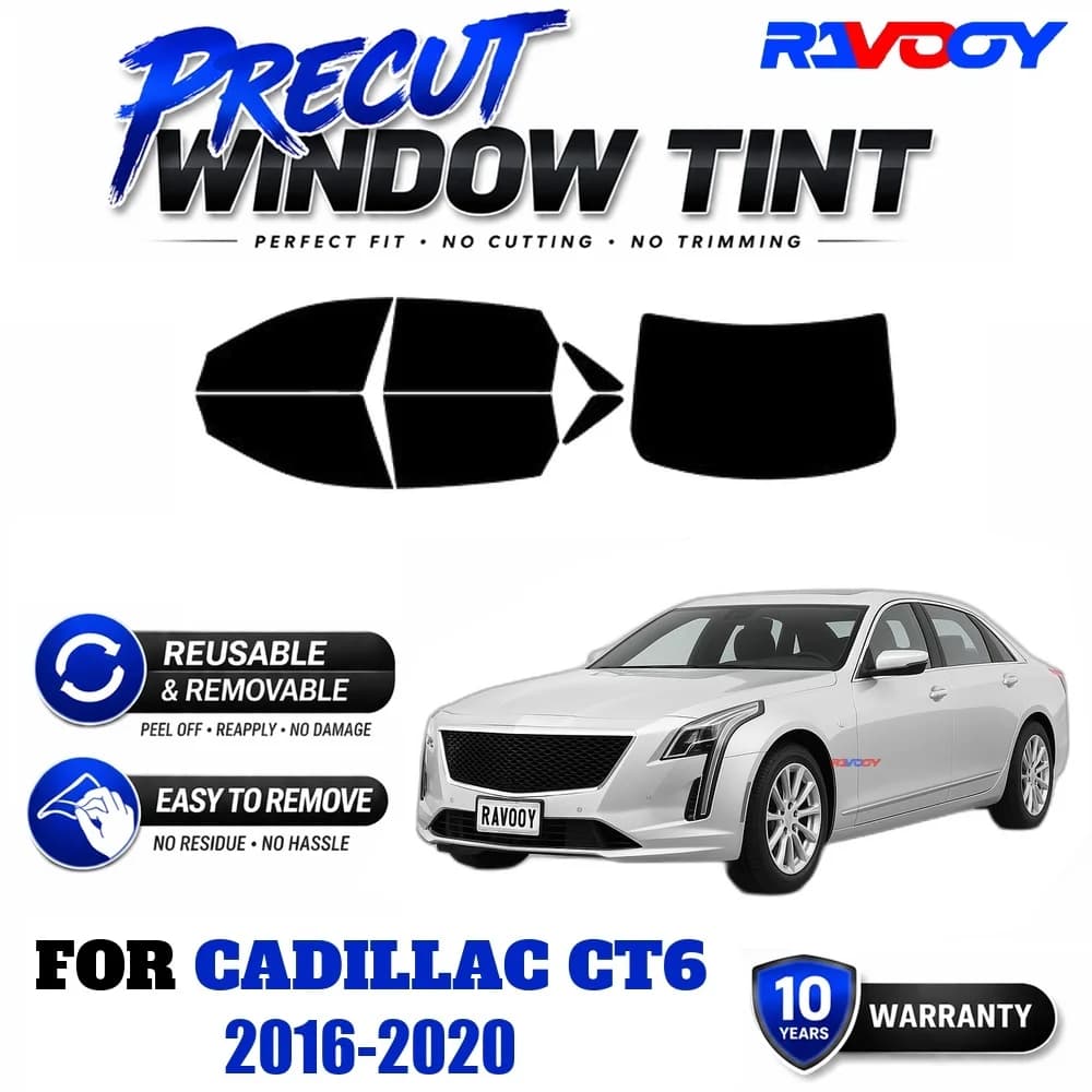 RAVOOY Precut Window Tint, Reusable Removable EPU Film, Custom Fit for Cadillac CT6 2016-2020, UV Heat Protection
