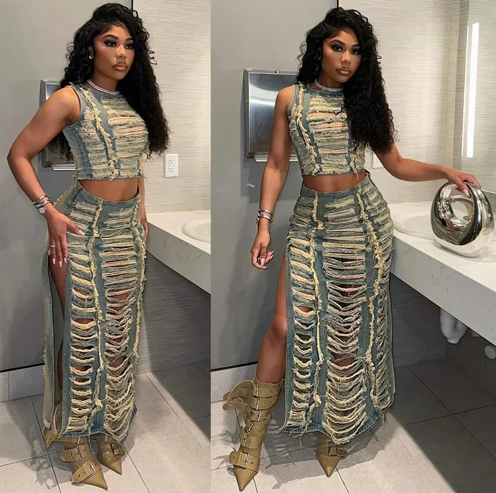 Distressed Women Ripped Washed Denim Dress Sets Wrap Buttocks Ankle Length Skirts Hole Sleeveless Vest Matching Sets Sexy