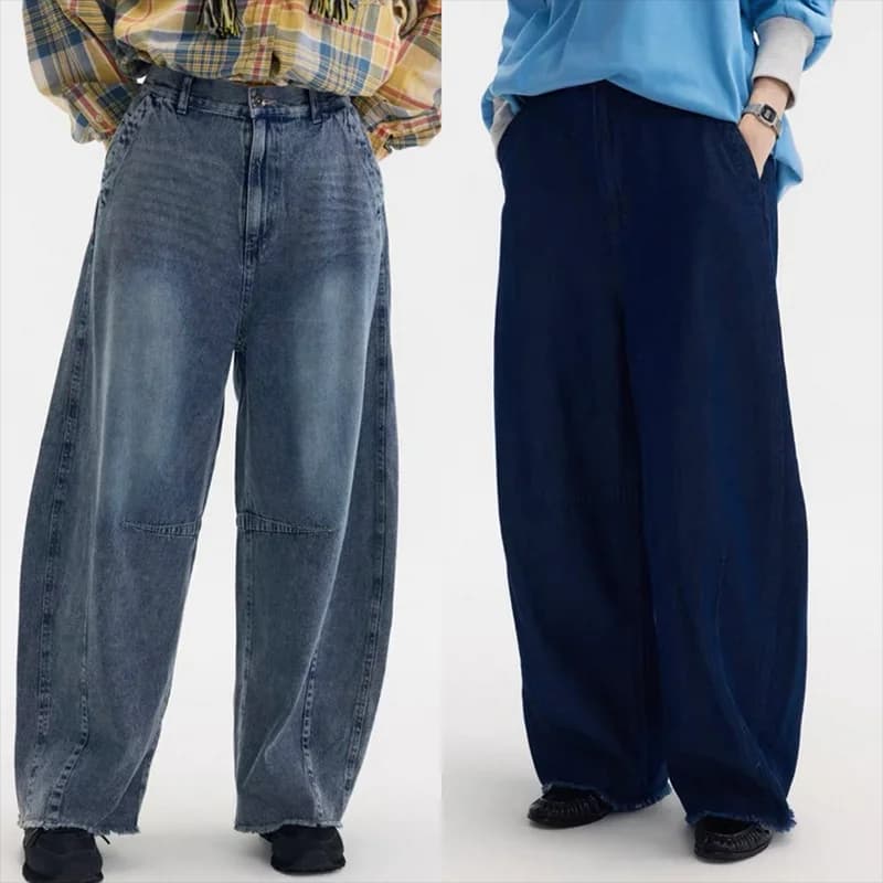Jeans a Gamba Larga Stile Giapponese con Orlo Sfilacciato Effetto Lavato, Casual, in Cotone, Vita Naturale, Chiusura con Bottoni