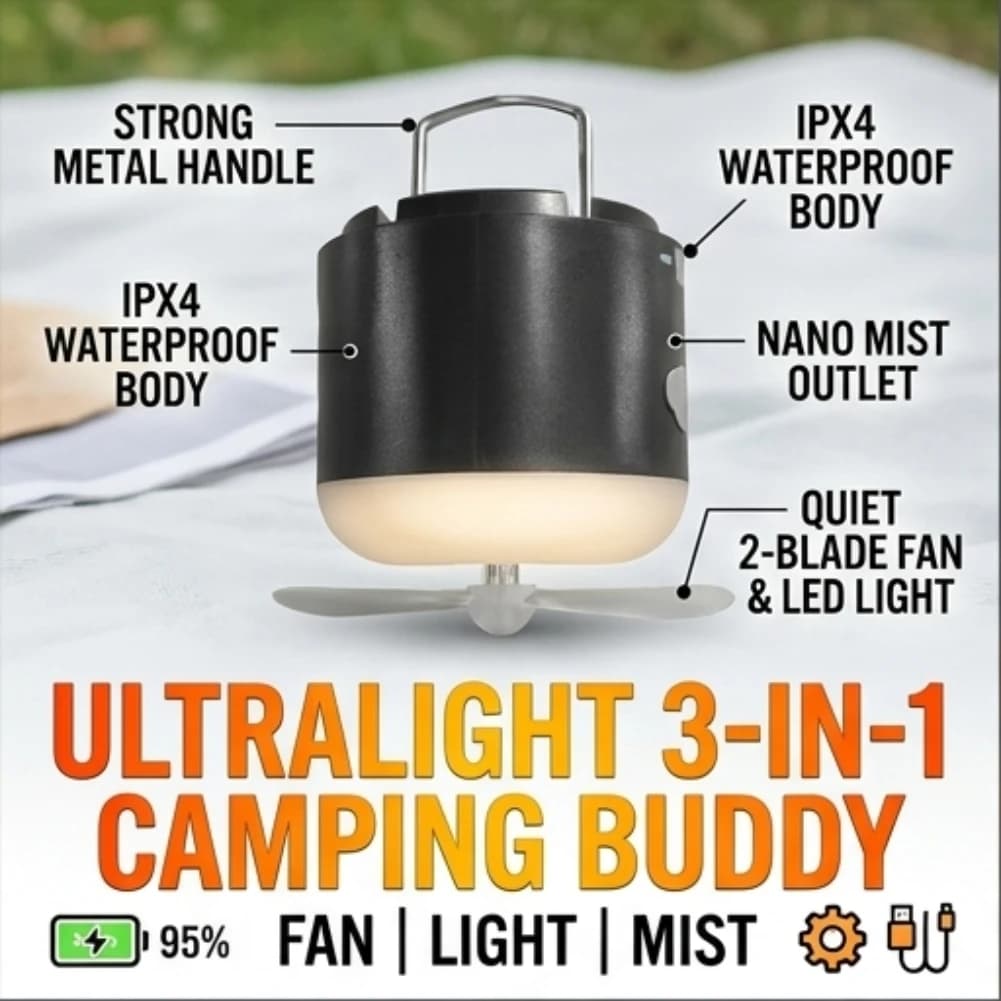 Ventilatore da Campeggio 3 in 1 con Nebulizzatore, Lanterna LED, Ricaricabile USB, Impermeabile IPX4, Ventilatore Portatile da Appendere per Tenda