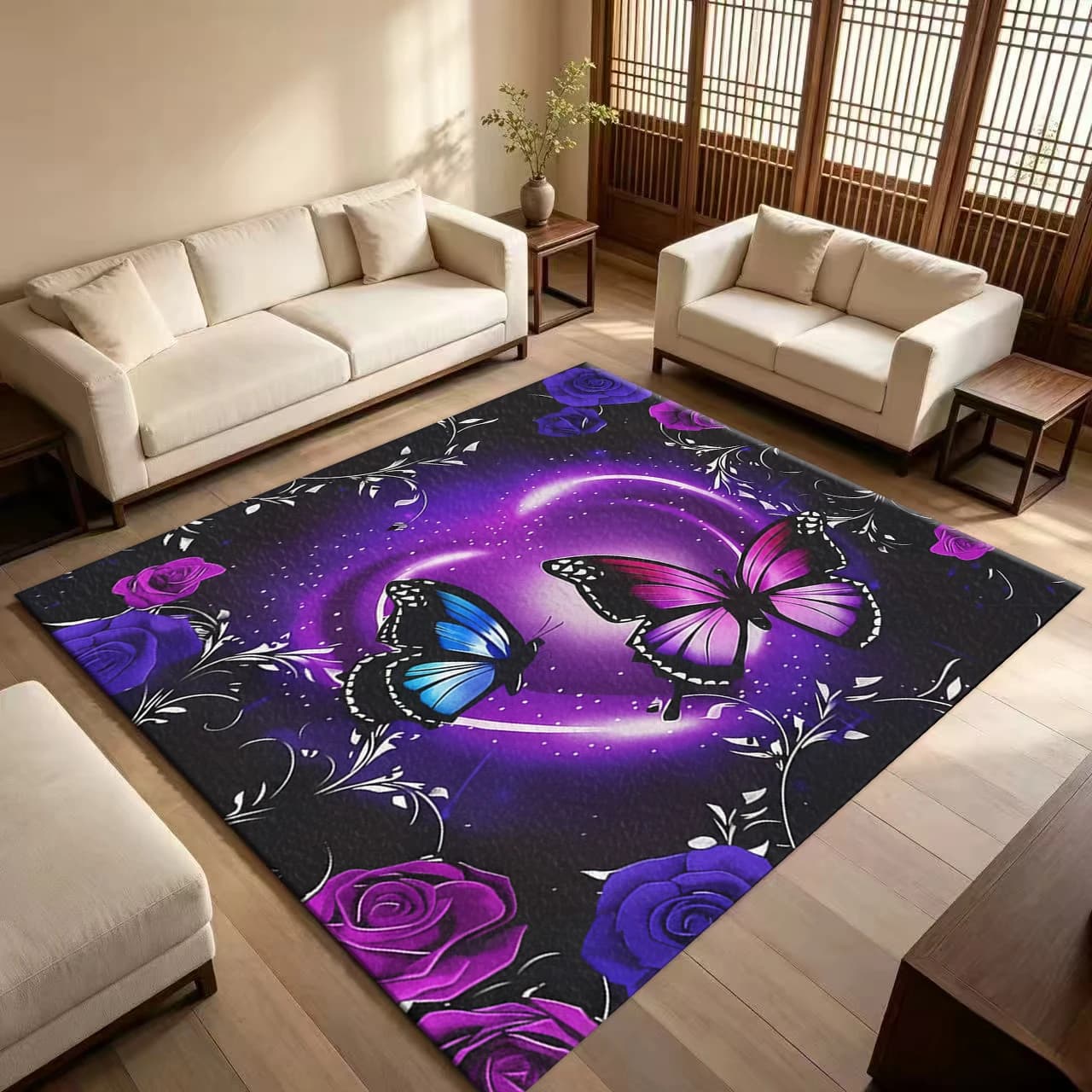 Purple Butterfly Rose Area Rug Romantic Heart Pattern Carpet Bedroom Home Decor