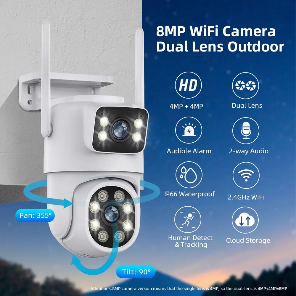 Mini telecamera IP Wifi 4MP HD Wireless Security CCTV Visione notturna impermeabile PIR Rilevamento umano Telecamera PTZ con doppio obiettivo ICSEE