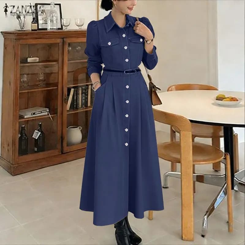 Abito in denim blu primavera 2026 ZANZEA, elegante vestito da donna con colletto a revers, maniche lunghe, bottoni e lunghezza midi, perfetto per il lavoro.