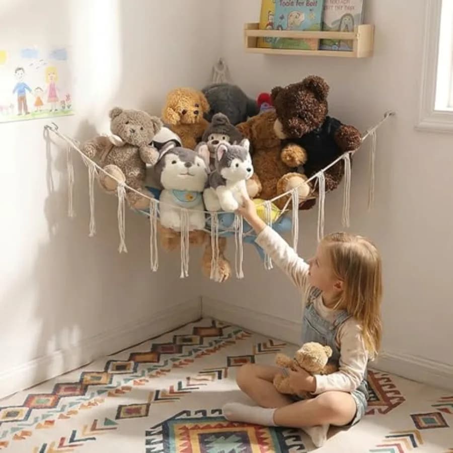 Stuffed Animals Hammock Corner Hanging Net Macrame Stuffed Animal Storage Plush Toy Holder Toy Organizer for Boho Nursery Playr