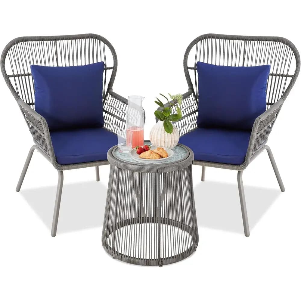 Set da bistrot da esterno in 3 pezzi per tutte le stagioni con 2 sedie ergonomiche, cuscini e tavolino laterale con piano in vetro in grigio/blu navy