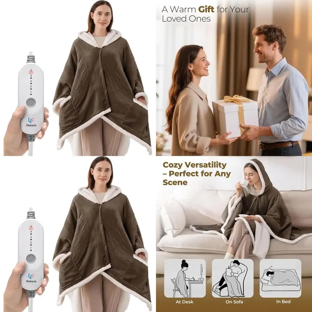 Coperta riscaldata elettrica con cappuccio e tasche, 5 impostazioni, spegnimento automatico, lavabile, certificata ETL, unisex, marrone, 56x63
