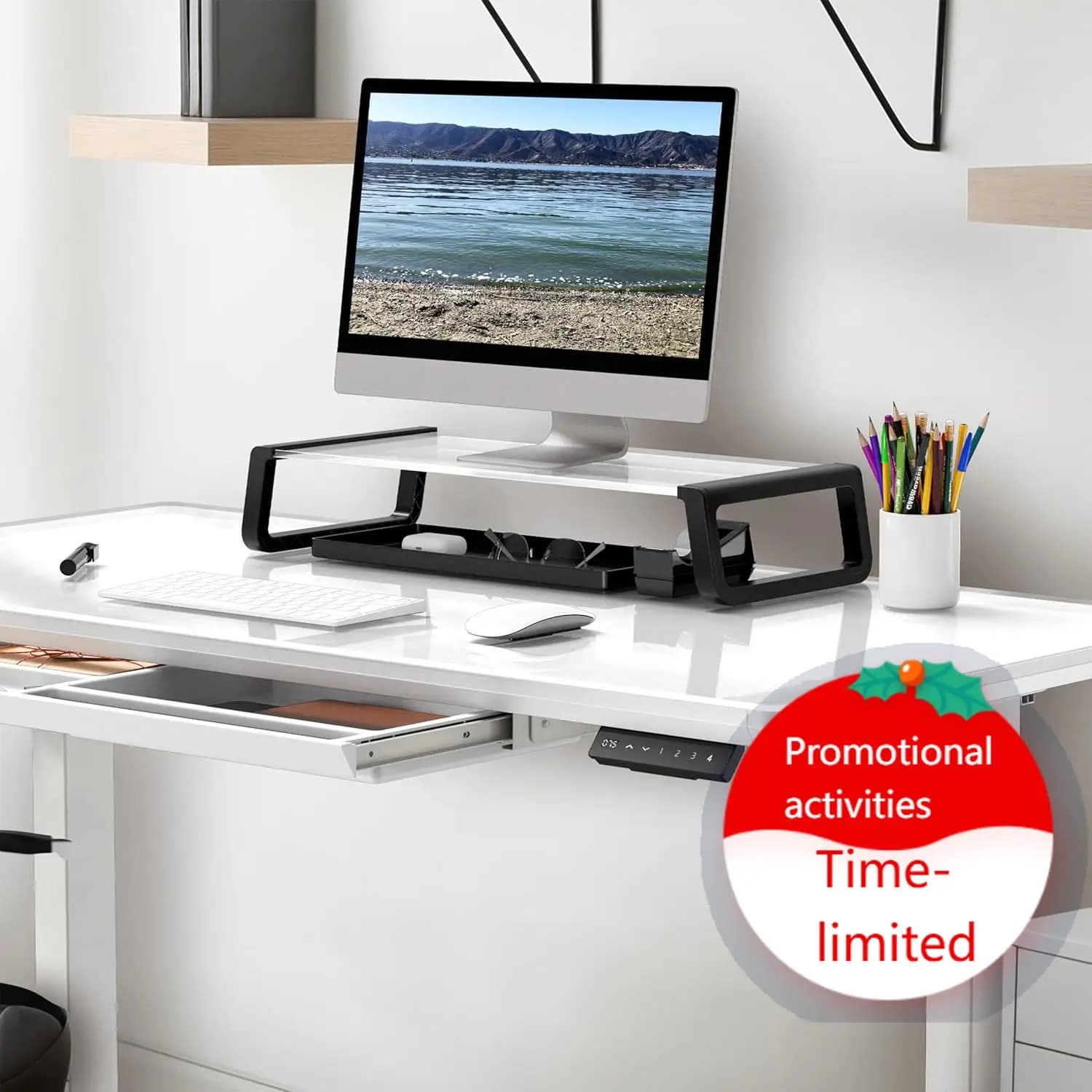 Scrivania Elettrica Regolabile in Altezza 48x24 con Piano in Vetro - Scrivania Motorizzata Sit-Stand con Supporto Monitor, Cassetto Estraibile, Memoria Preimpostazioni