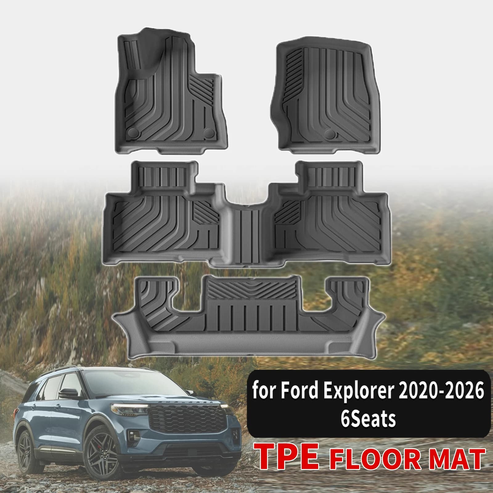 for Ford Explorer 2020 2021 2022 2023 2024 2025 2026 6 Seats LHD Durable TPE Car Floor & Trunk Mats, Non-Slip Easy Clean