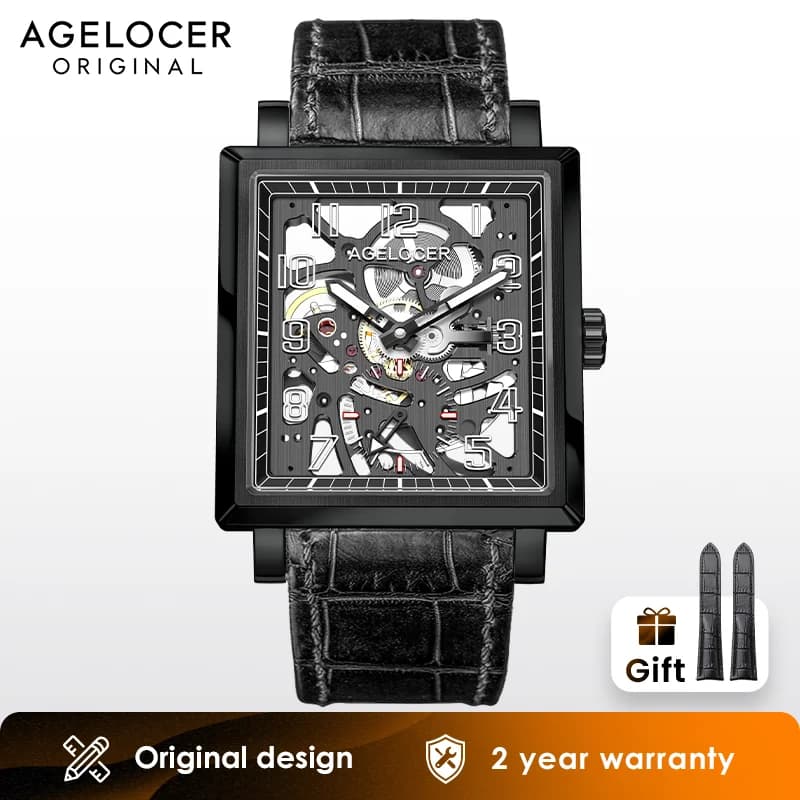 AGELOCER Orologio Originale Codex da Uomo, Lussuoso Orologio Meccanico Manuale Scheletrato Quadrato Luminoso, Regalo di Compleanno per Uomini