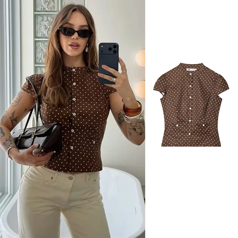 Summer New Women's Shirts 2026 Fashion Polka-dot Slim Elegant Young Blouses Chic Street Women's Short Travel Holiday Tops