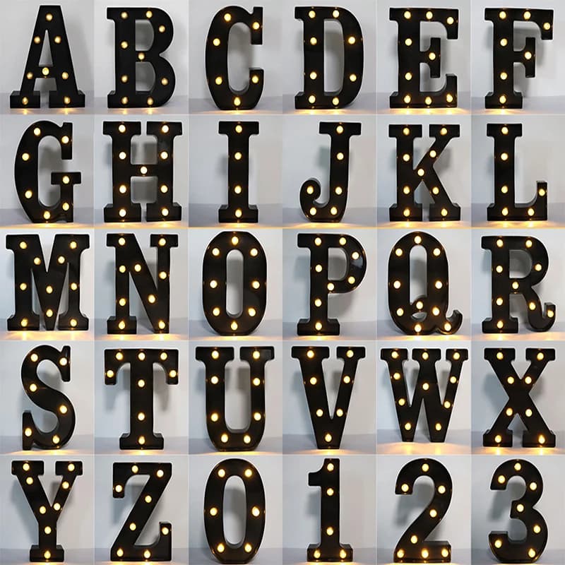 Lettere da 22 cm Luce a led Alfabeto nero Lettera Numero Luce notturna Forniture per decorazioni natalizie Accessori per la decorazione della stanza