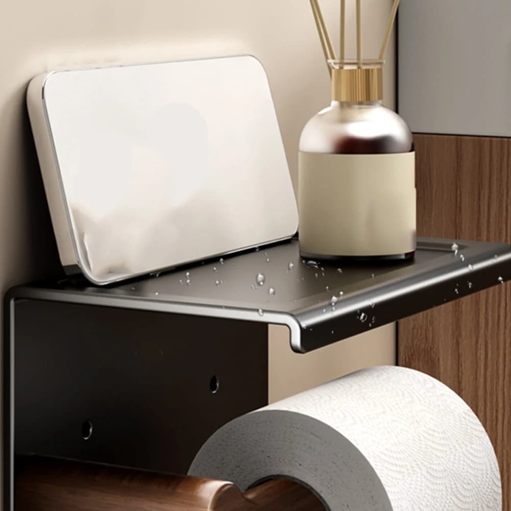 Portarotolo Resistente alla Ruggine in Noce, Porta Carta Igienica in Legno Massello di Noce con Componenti in Acciaio al Carbonio, Mensola da Bagno