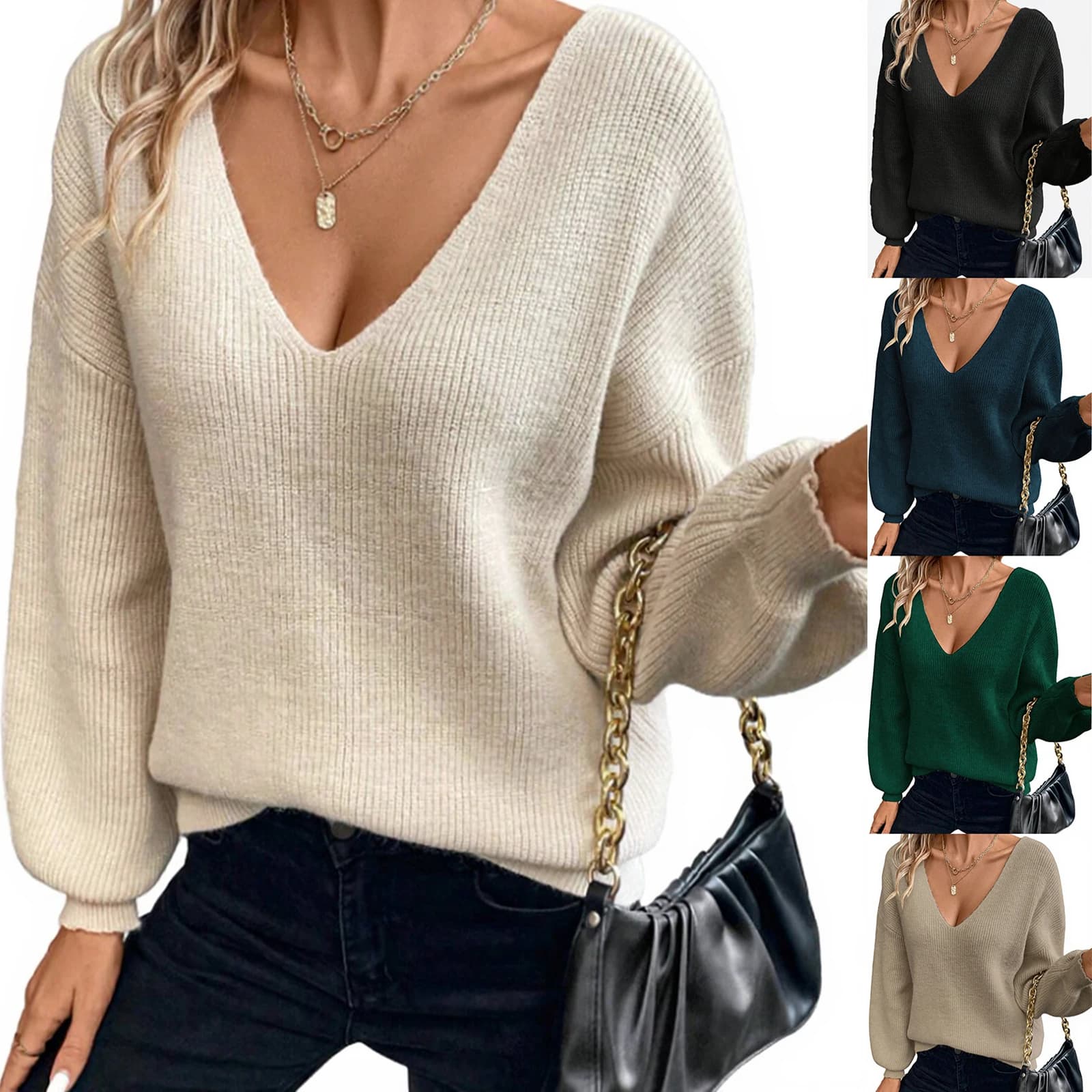 Women Trendy Loose Sweater Casual Minimalist Solid Color V Neck Tops Lady High Elastic Elegant Temperament Daily Event Wearing