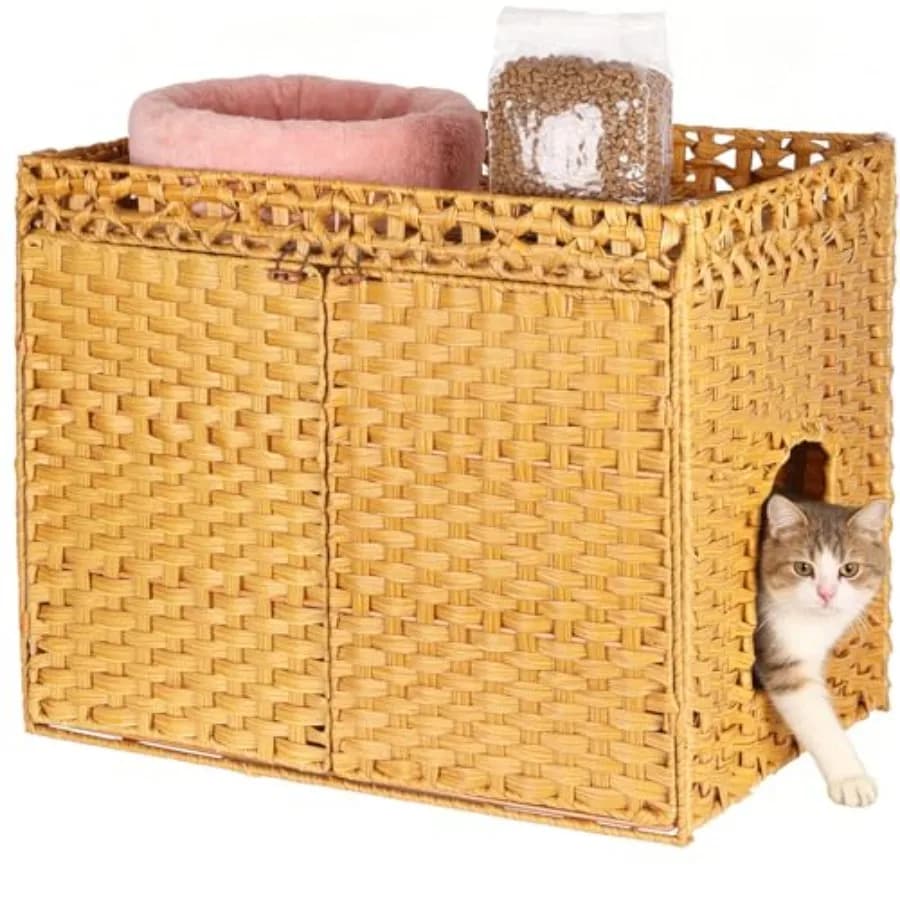 Mobiletto per lettiera per gatti, lettiera nascosta con tappetino, casetta per gatti in rattan intrecciato a mano per gatti da interno/esterno, lettiera grande