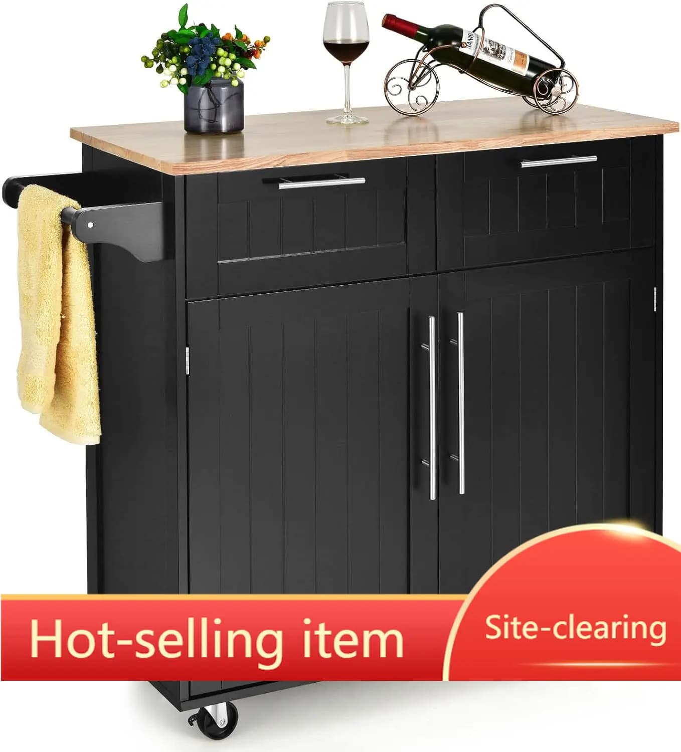 Carrello da Cucina con Ruote, Piano in Legno, Cassetti, Armadietto Contenitore, Portasciugamani, Tavolo da Bar/Sala da Pranzo