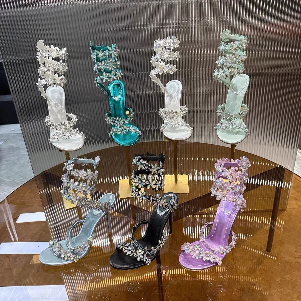 Summer New Women's Luxurious Rhinestone Floral Snake Ankle Wrap Sandals Thin Heel Round Toe Elegant Garden Dress Party Sandals