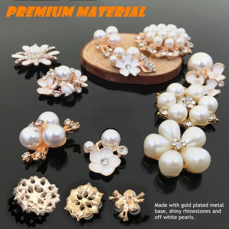 10 Pcs Pearl Rhinestone Buttons with Storage Box, Faux Pearl Embellishments Brooch Floral Charm Pendants