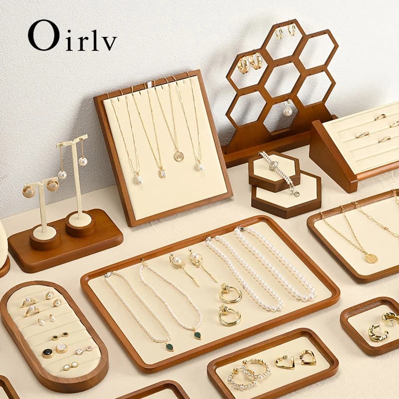 Orilv wooden necklace display for jewelry, beige jewelry organizer, ring, earrings, pendant, bracelet, jewelry display