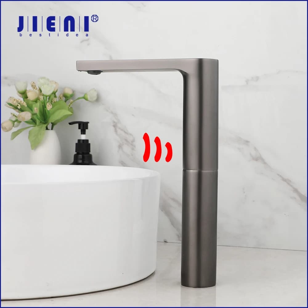 JIENI bagno lavabo sensore automatico rubinetto montato sul ponte flusso spazzolato pistola grigio Touch Free con rubinetti miscelatore acqua calda e fredda