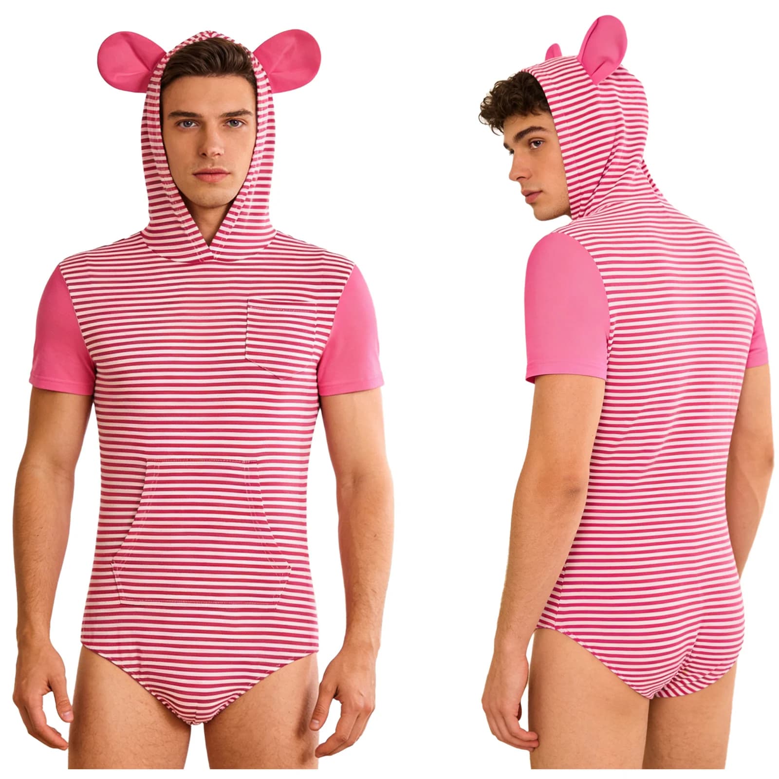 Men Sweet Cute Pajamas Bodysuit Hood with Bear Ears Short Sleeve Button Crotch Pajamas Loungewear for Leisure Time Daily Casual