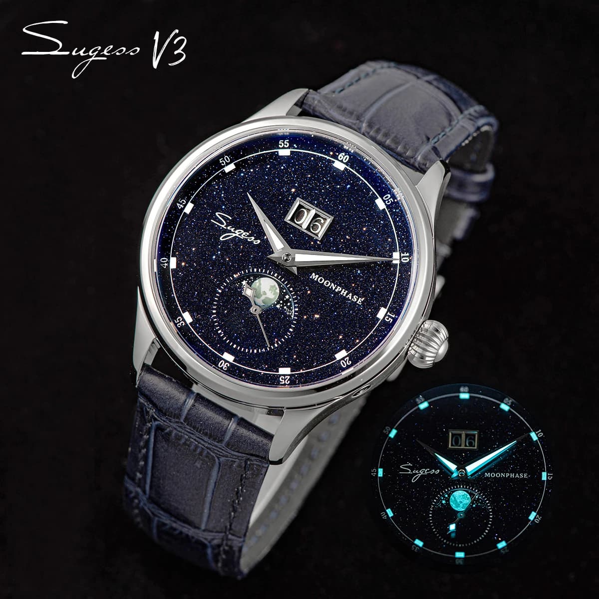 Sugess Origin ST2528 Movimento Orologio da polso meccanico Orologio da uomo Orologio di lusso con vero quadrante in pietra blu Cassa in acciaio inossidabile Orologio con fasi lunari