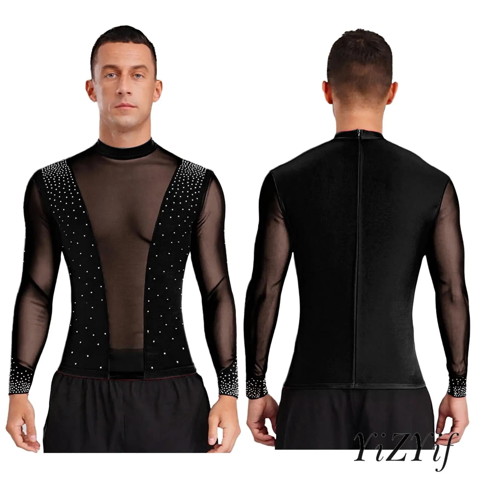 Camicetta da ballo da pattinaggio di figura elegante da uomo con dettagli scintillanti Top da ballo per balletto Costume da ballo latino per spettacolo di salsa tango