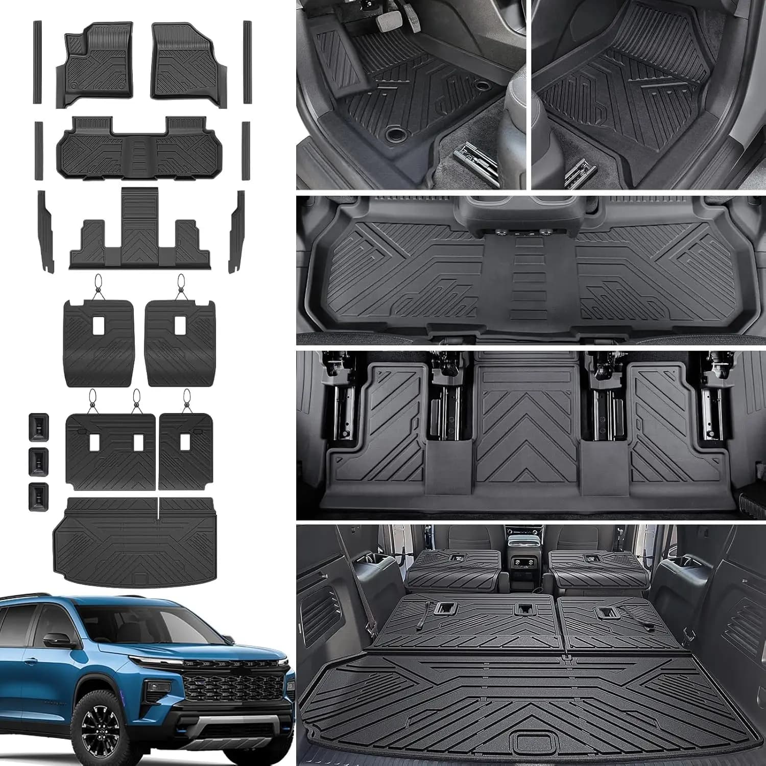 Set di Tappetini per Tutte le Stagioni per SUV Chevy Traverse e Buick Enclave a 7 Posti, Rivestimento del Vano Bagagli in TPE e Protezioni per Porte
